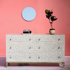 Ivory Floral Bone Inlay 6-Drawer Chest with Gold-Finish Metal Legs