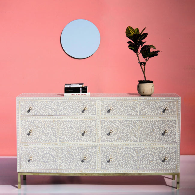 Ivory Floral Bone Inlay 6-Drawer Chest with Gold-Finish Metal Legs Main Image