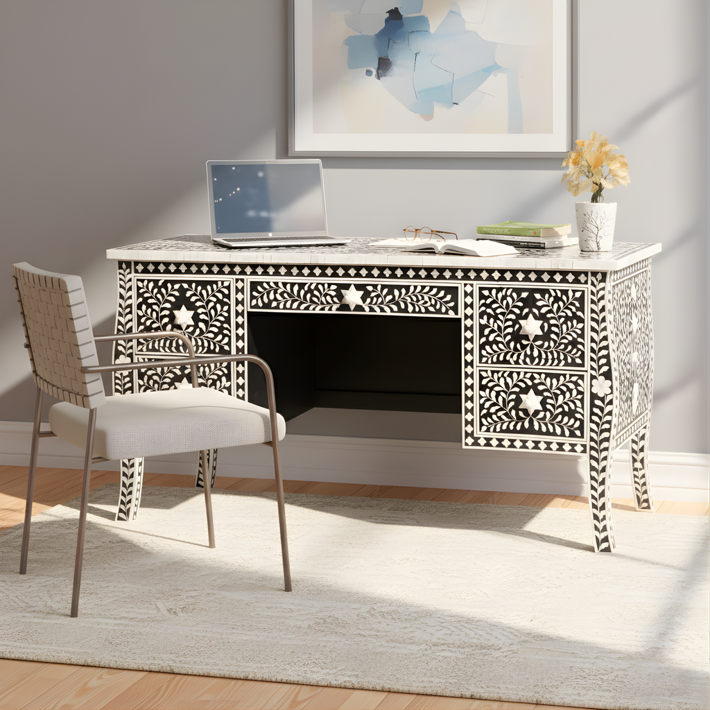 Sheesh Mahal Black Floral Bone Inlay 5-Drawer Office/Home Desk