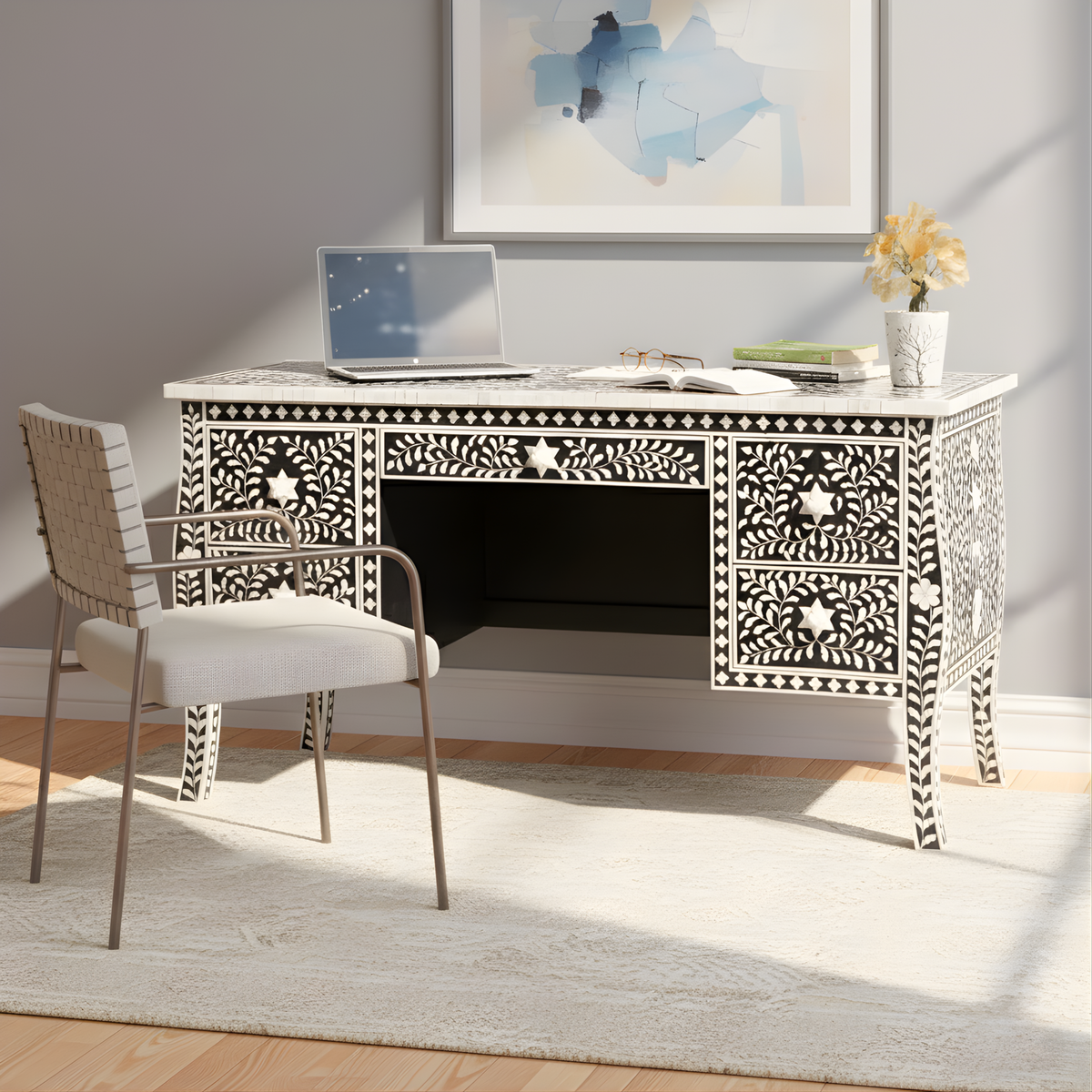 Sheesh Mahal Black Floral Bone Inlay 5-Drawer Office/Home Desk