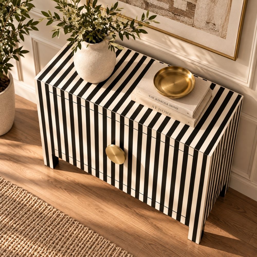 Mehfil Bone Inlay Black & White 2 Door Cabinet with Brass Handles
