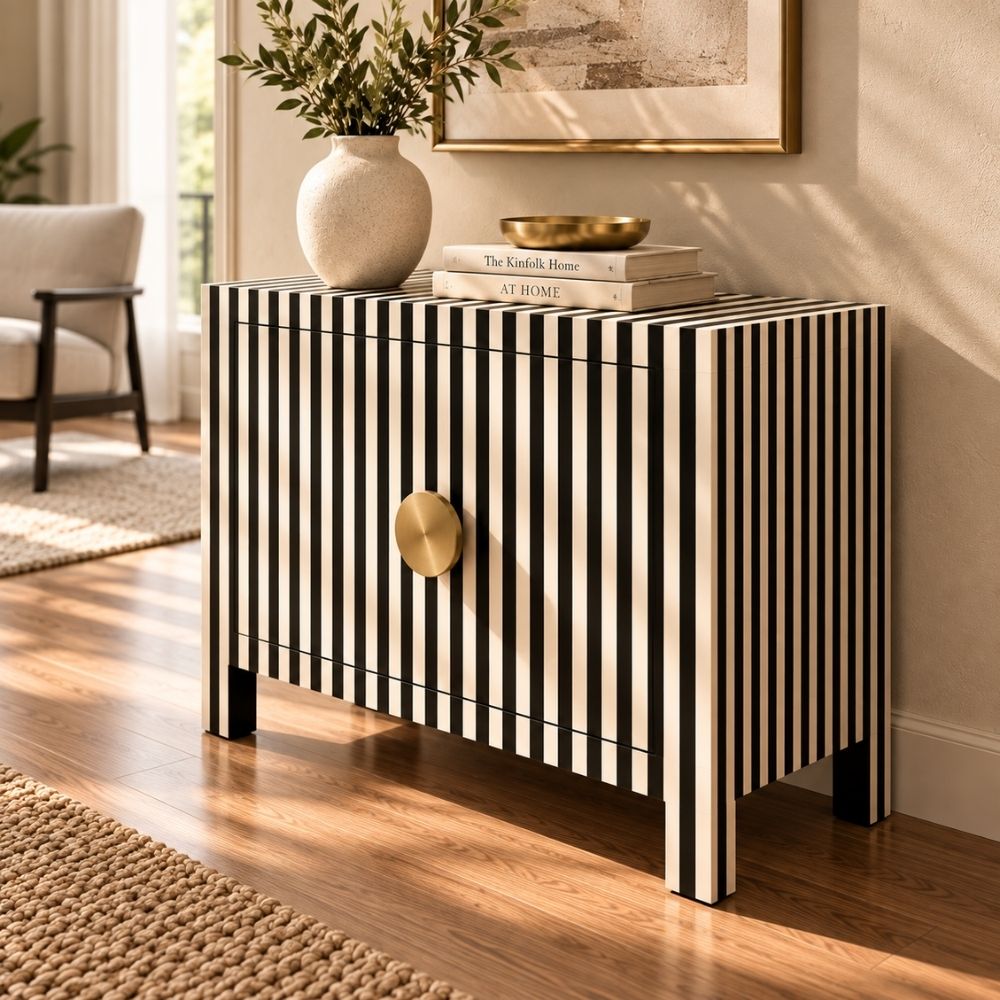Mehfil Bone Inlay Black & White 2 Door Cabinet with Brass Handles