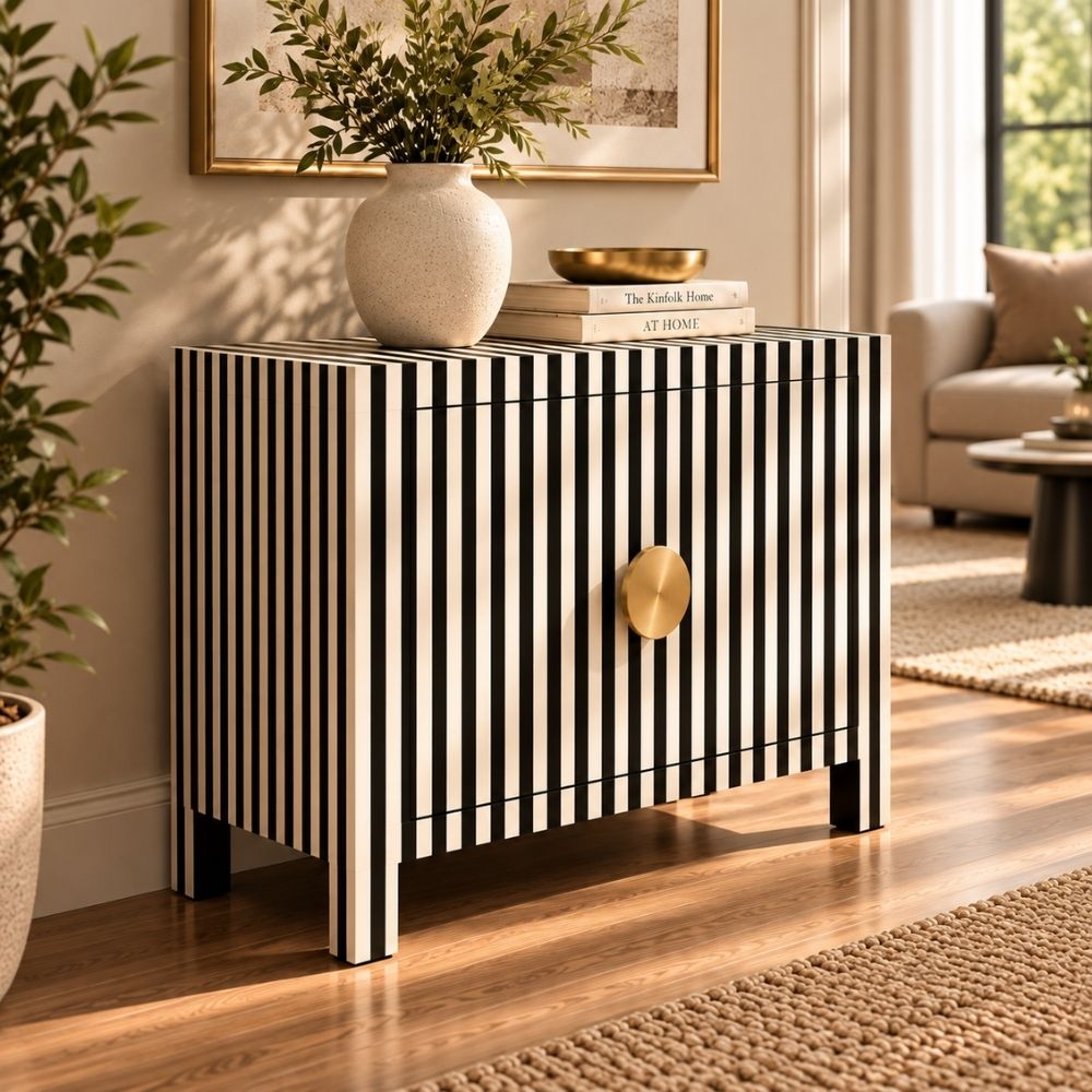 Mehfil Bone Inlay Black & White 2 Door Cabinet with Brass Handles