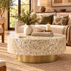 White Mother of Pearl Inlay Round Coffee Table with Brass Base