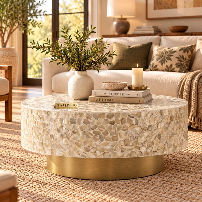 White Mother of Pearl Inlay Round Coffee Table with Brass Base Hover Image