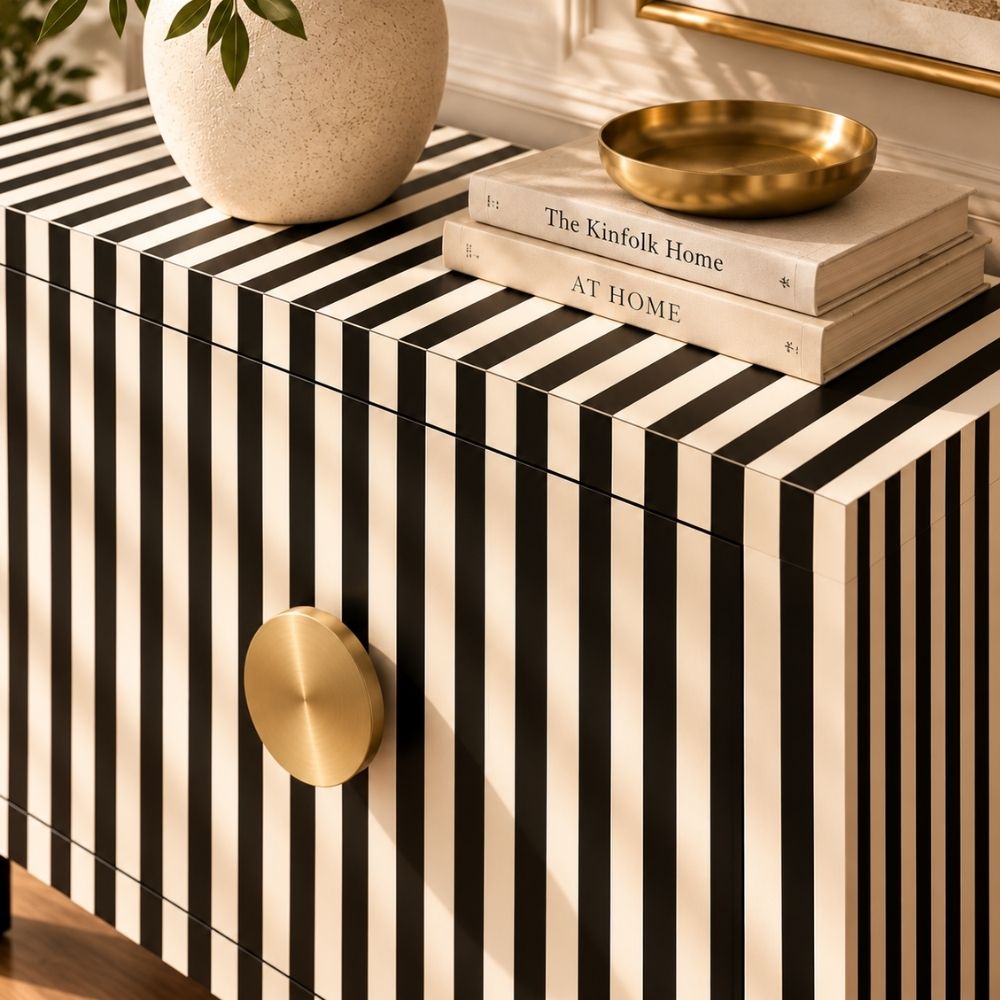 Mehfil Bone Inlay Black & White 2 Door Cabinet with Brass Handles