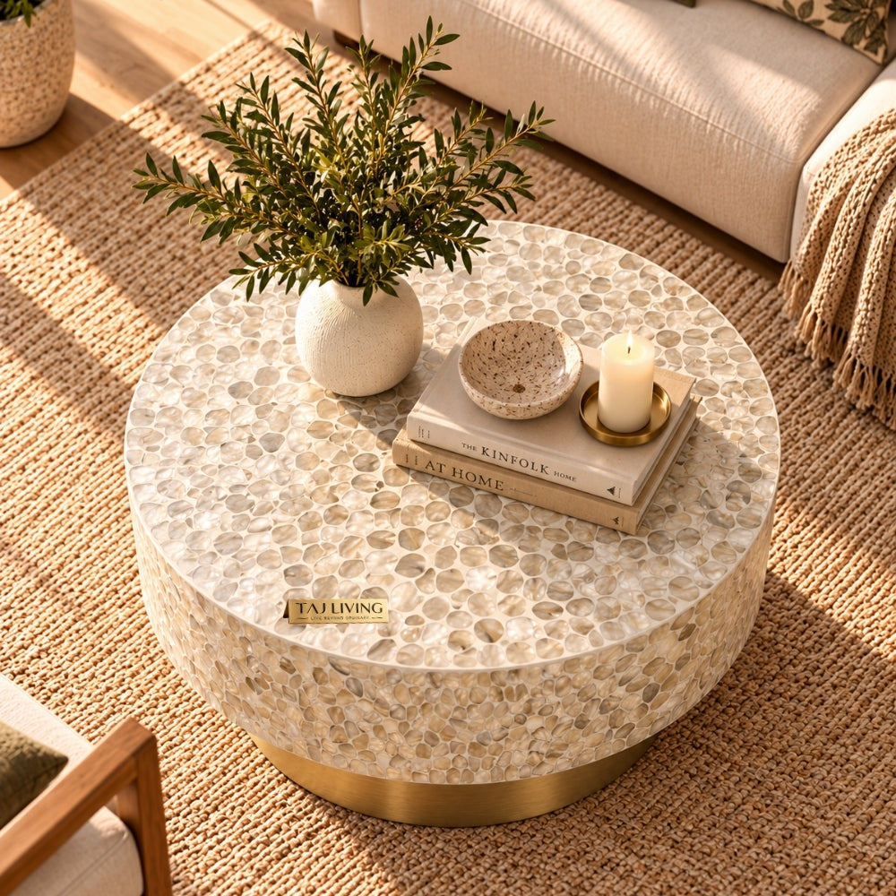 White Mother of Pearl Inlay Round Coffee Table with Brass Base