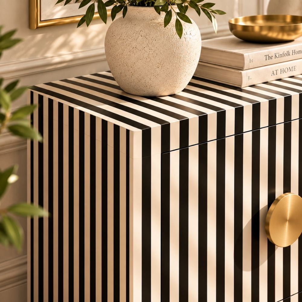 Mehfil Bone Inlay Black & White 2 Door Cabinet with Brass Handles