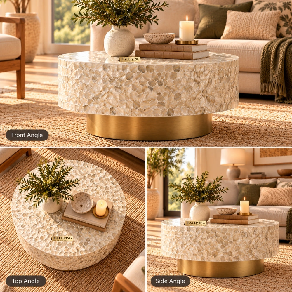White Mother of Pearl Inlay Round Coffee Table with Brass Base