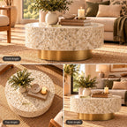 White Mother of Pearl Inlay Round Coffee Table with Brass Base