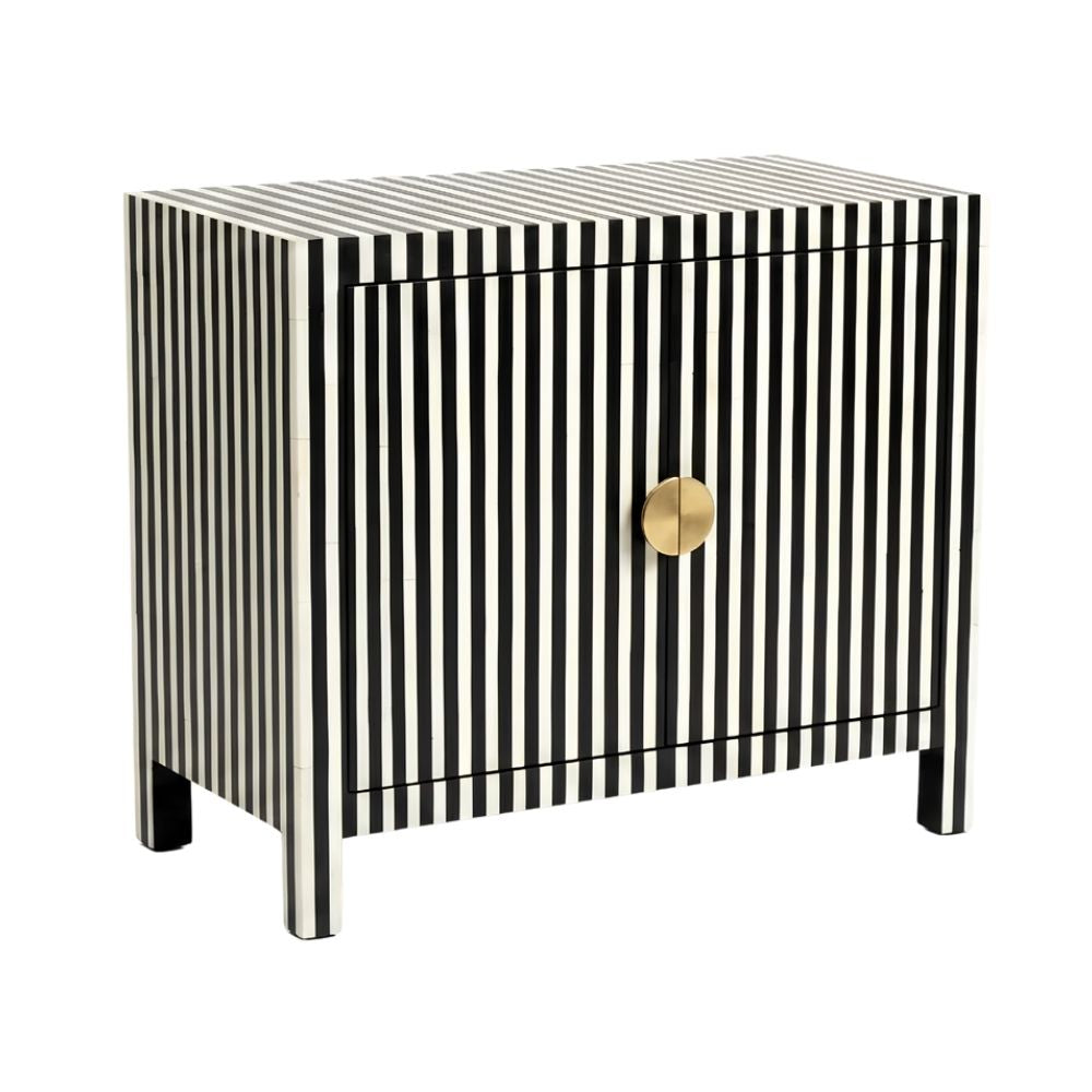 Mehfil Bone Inlay Black & White 2 Door Cabinet with Brass Handles