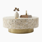 White Mother of Pearl Inlay Round Coffee Table with Brass Base