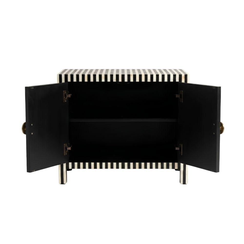 Mehfil Bone Inlay Black & White 2 Door Cabinet with Brass Handles