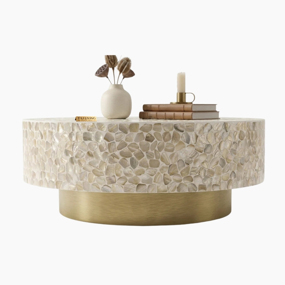 White Mother of Pearl Inlay Round Coffee Table with Brass Base