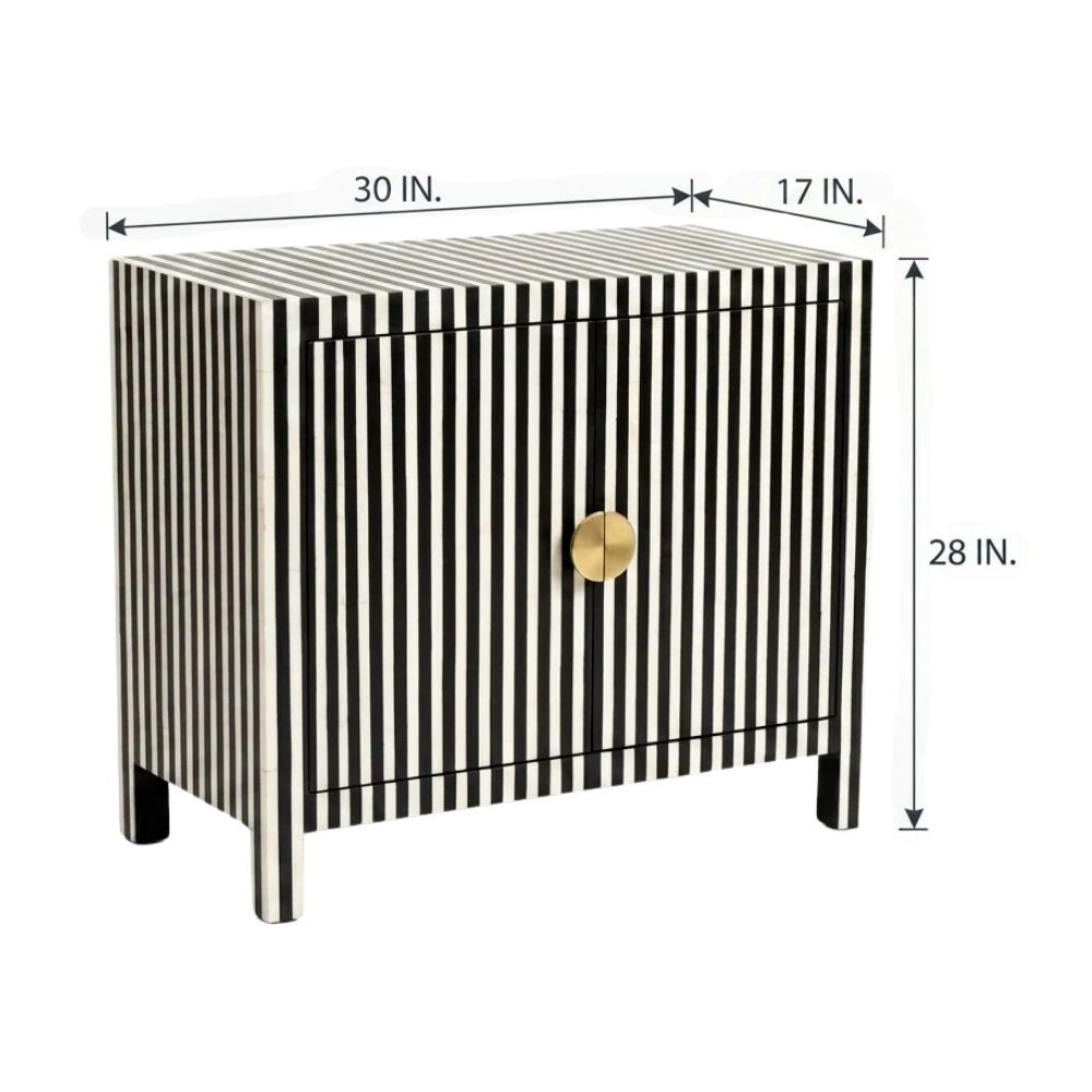Mehfil Bone Inlay Black & White 2 Door Cabinet with Brass Handles