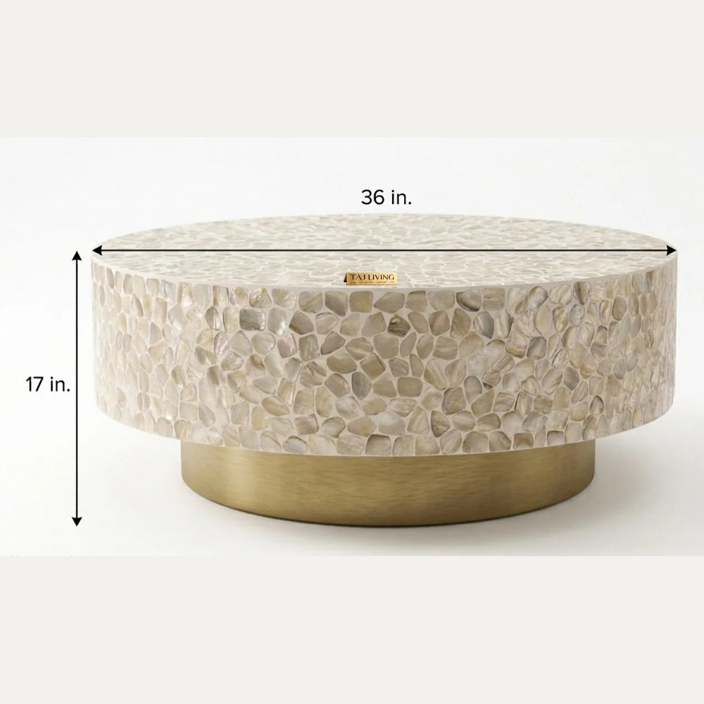 White Mother of Pearl Inlay Round Coffee Table with Brass Base