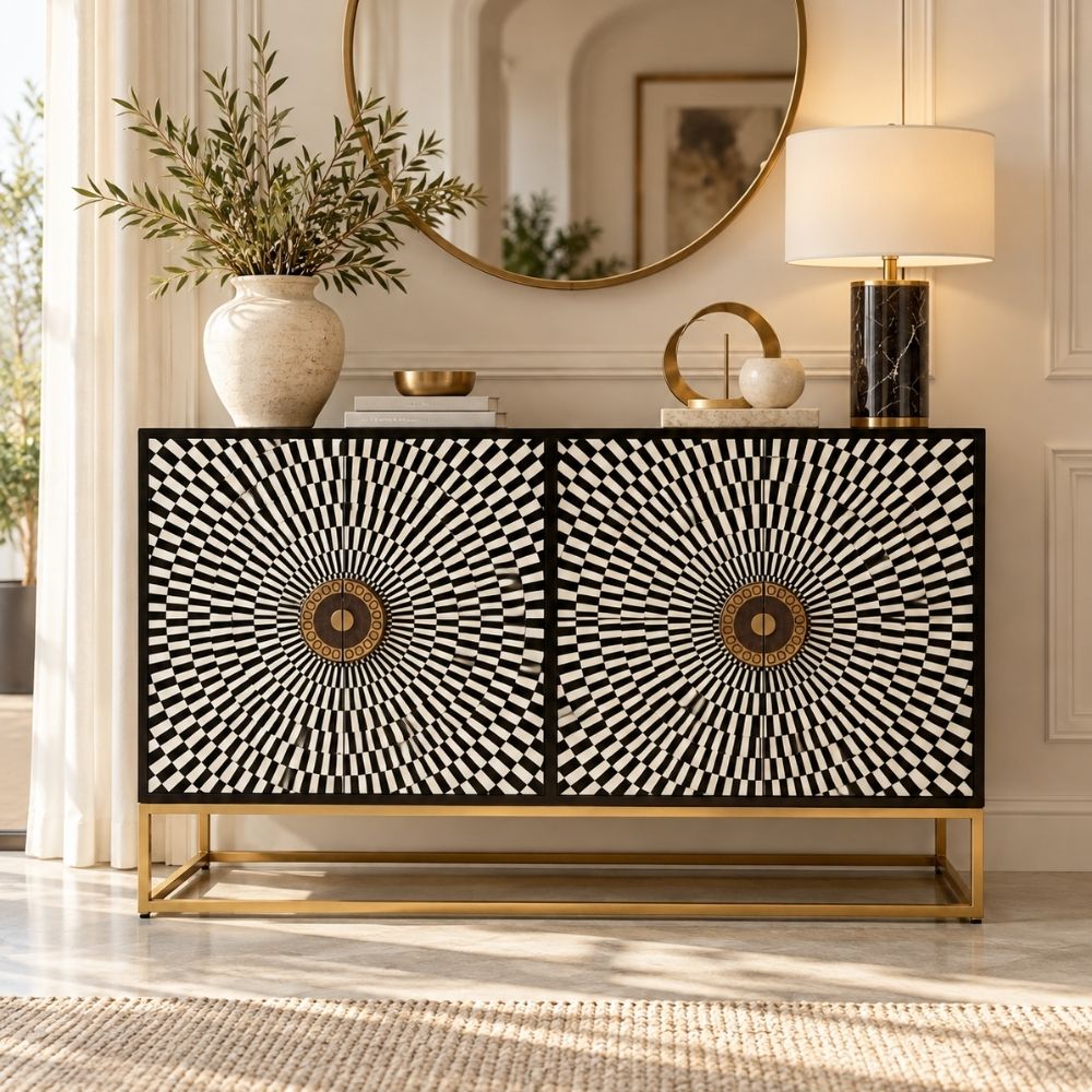 Shan-e-Rajputana Black Bone Inlay Cabinet – 4 Door Sideboard with Powder-Coated Stand