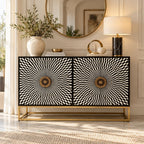 Shan-e-Rajputana Black Bone Inlay Cabinet – 4 Door Sideboard with Powder-Coated Stand