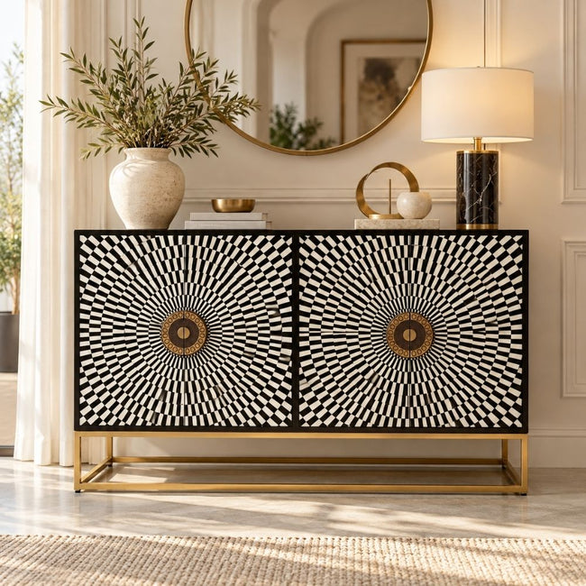 Shan-e-Rajputana Black Bone Inlay Cabinet – 4 Door Sideboard with Powder-Coated Stand Hover Image