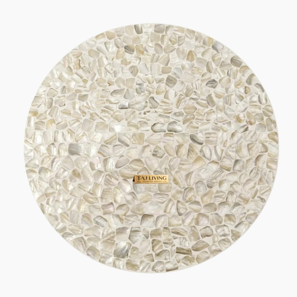 White Mother of Pearl Inlay Round Coffee Table with Brass Base