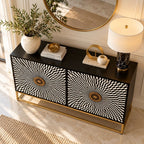 Shan-e-Rajputana Black Bone Inlay Cabinet – 4 Door Sideboard with Powder-Coated Stand