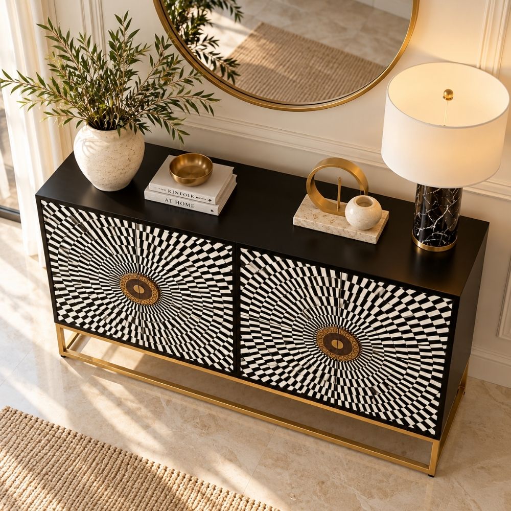 Shan-e-Rajputana Black Bone Inlay Cabinet – 4 Door Sideboard with Powder-Coated Stand