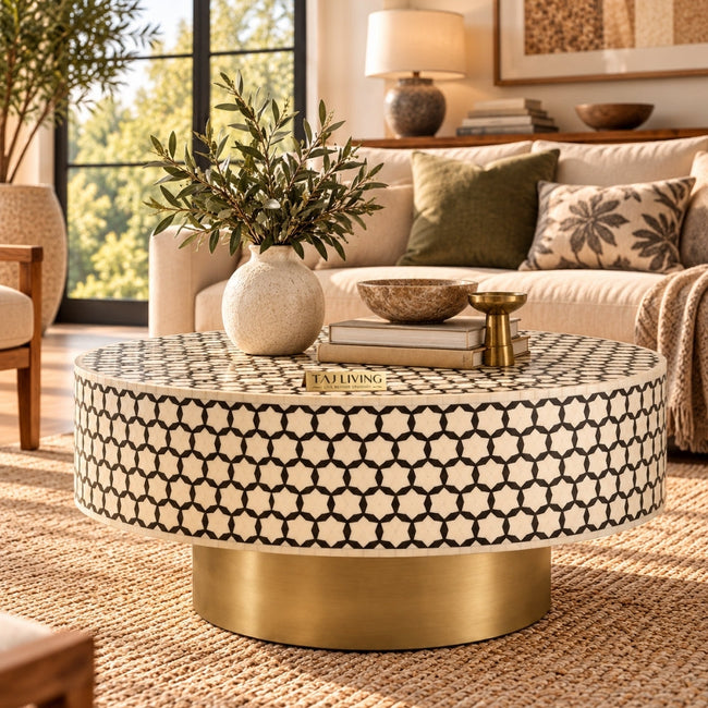Black Bone Inlay Targua Round Coffee Table with Brass Base | Handmade Luxury Coffee Table Hover Image