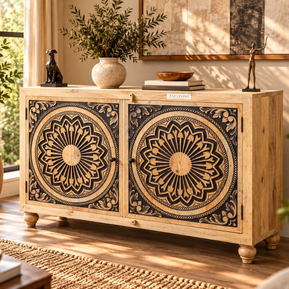 Handcrafted Solid Wood Sideboard Cabinet with Mandala Carved Doors