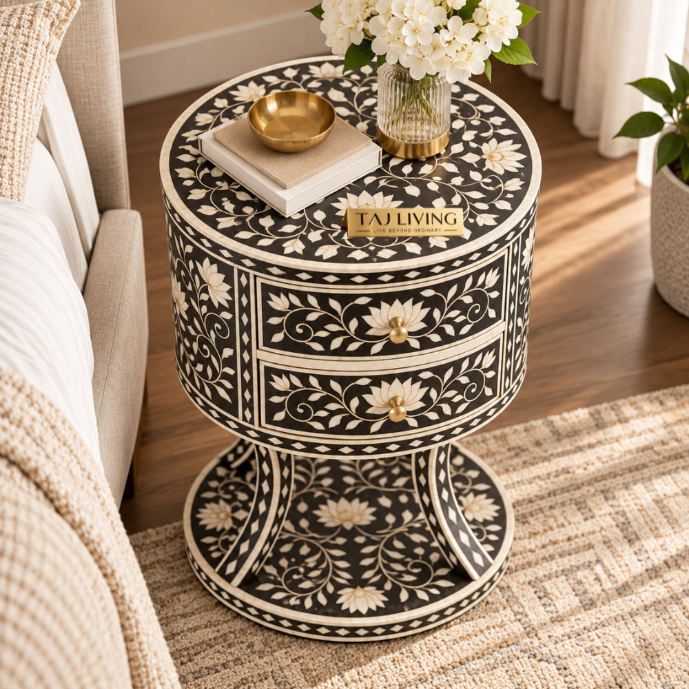 Zariya Black Bone Inlay Round Nightstand | Floral Boho Bedroom Furniture End Table