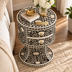 Zariya Black Bone Inlay Round Nightstand | Floral Boho Bedroom Furniture End Table