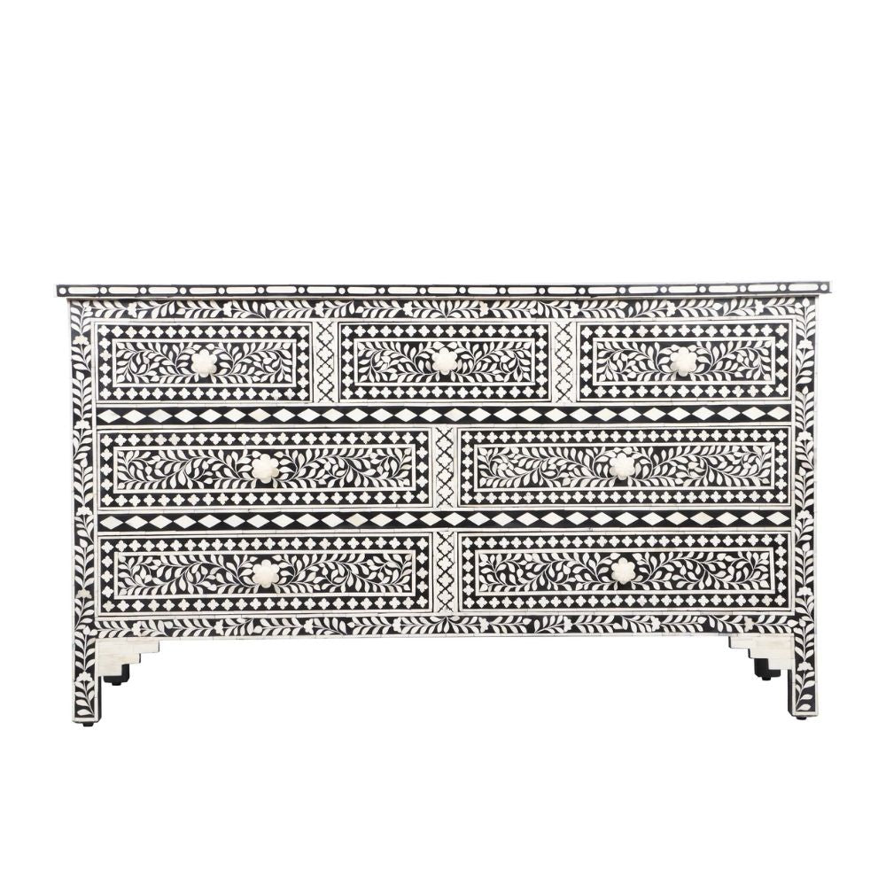 Maharaja Bone Inlay 7 Drawer Chest of Drawers - Black Floral