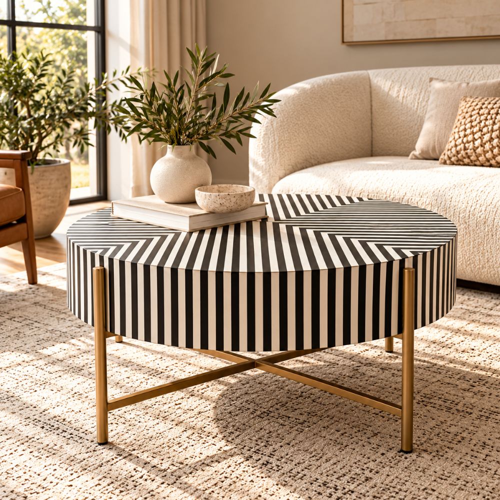 Black Bone Inlay Coffee Table with Optical Pattern & Gold Powder-Coated Stand