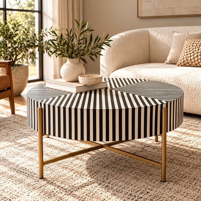 Black Bone Inlay Coffee Table with Optical Pattern & Gold Powder-Coated Stand Main Image