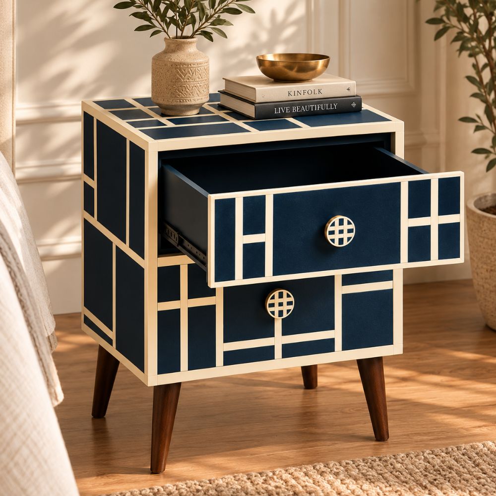 Mid Century Modern Nightstand | Navy Bone Inlay Bedside Table