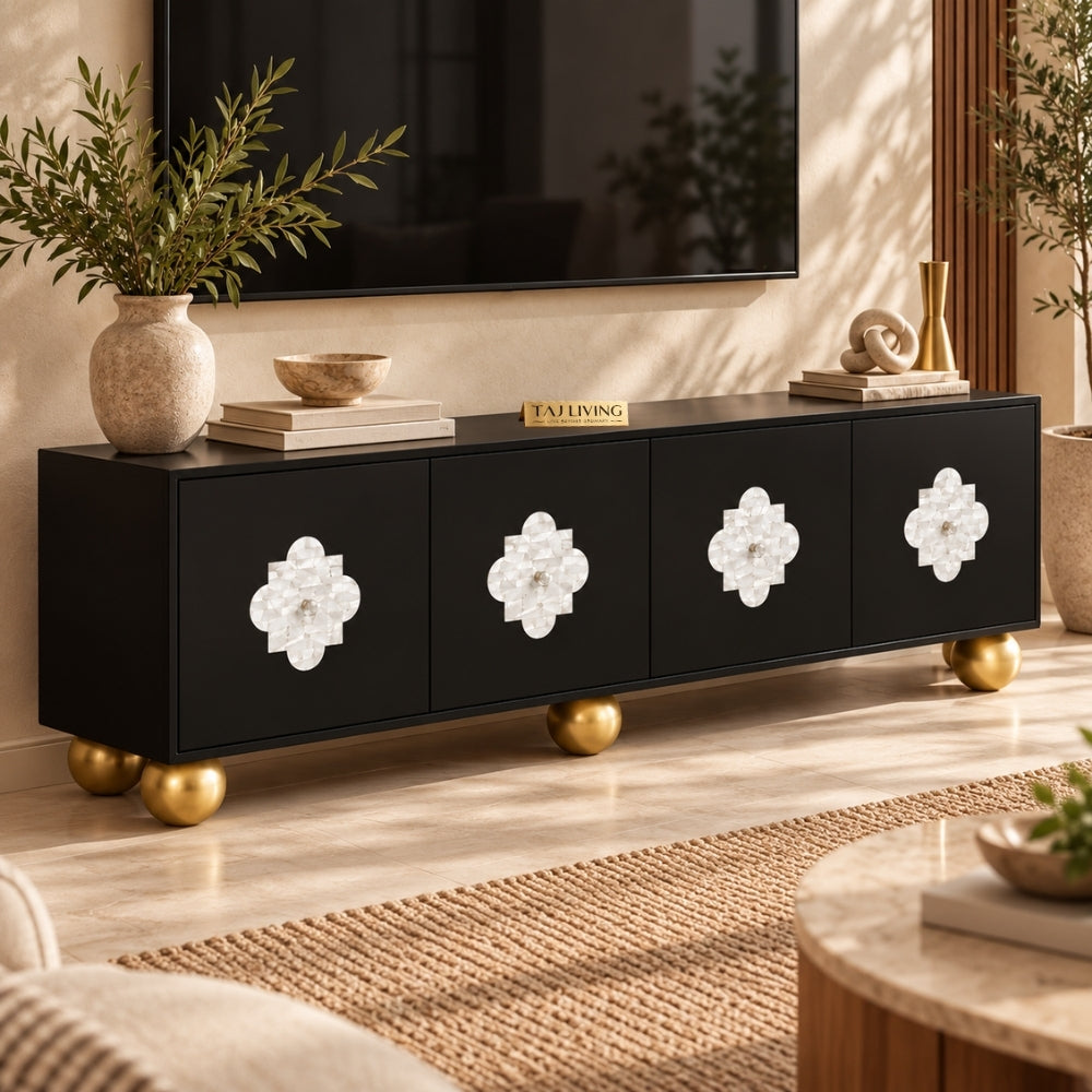 Mother of Pearl Inlay Black 4-Door TV Unit Media Cabinet