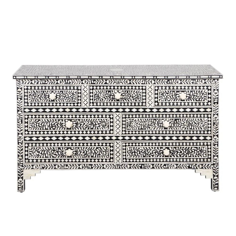 Maharaja Bone Inlay 7 Drawer Chest of Drawers - Black Floral