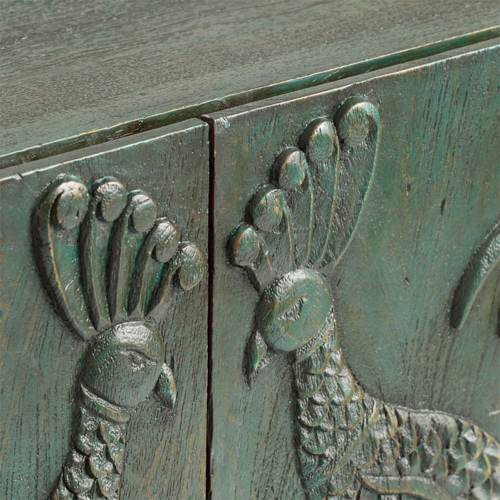 Vasudha Carved Wood Peacock 4 Door Storage Sideboard