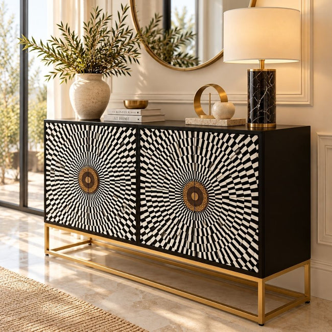 Shan-e-Rajputana Black Bone Inlay Cabinet – 4 Door Sideboard with Powder-Coated Stand Main Image