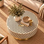 Black Bone Inlay Targua Round Coffee Table with Brass Base | Handmade Luxury Coffee Table