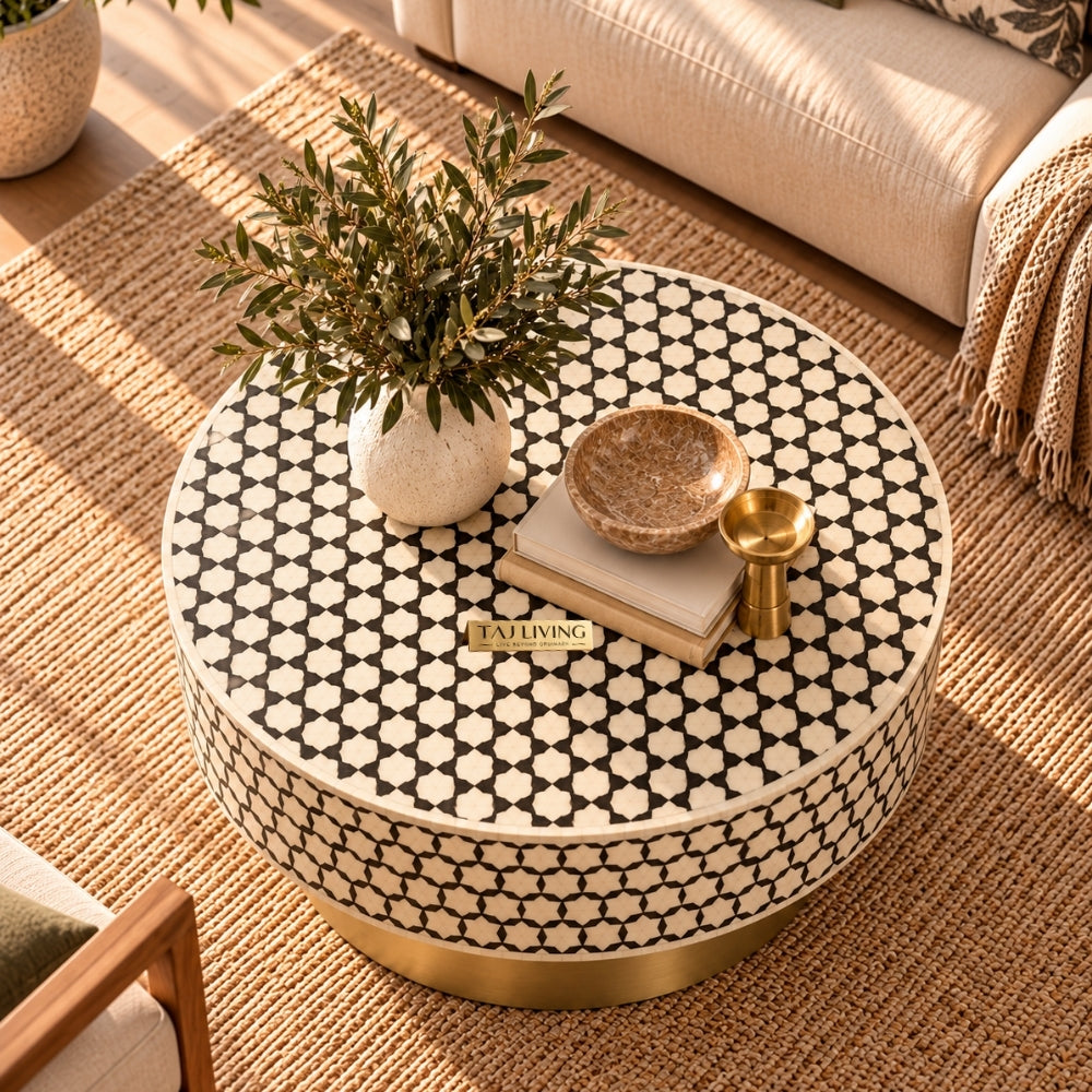 Black Bone Inlay Targua Round Coffee Table with Brass Base | Handmade Luxury Coffee Table