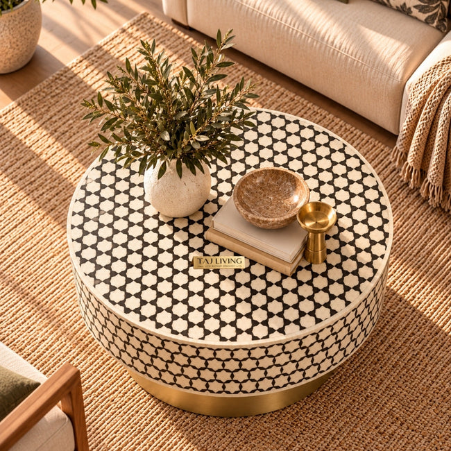 Black Bone Inlay Targua Round Coffee Table with Brass Base | Handmade Luxury Coffee Table Main Image