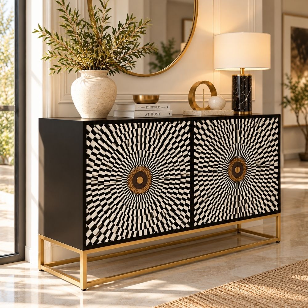 Shan-e-Rajputana Black Bone Inlay Cabinet – 4 Door Sideboard with Powder-Coated Stand