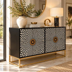 Shan-e-Rajputana Black Bone Inlay Cabinet – 4 Door Sideboard with Powder-Coated Stand