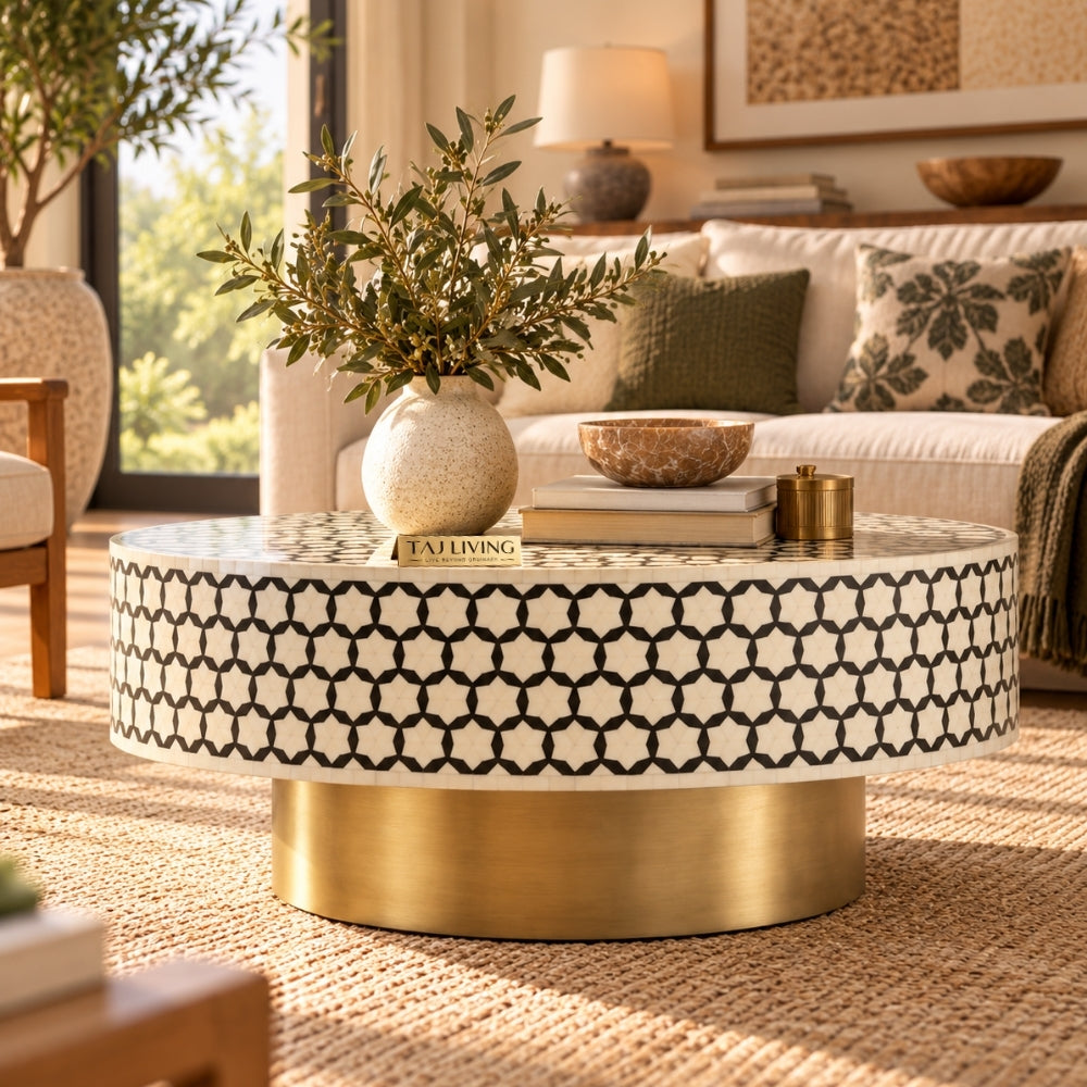 Black Bone Inlay Targua Round Coffee Table with Brass Base | Handmade Luxury Coffee Table