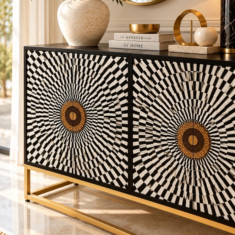 Shan-e-Rajputana Black Bone Inlay Cabinet – 4 Door Sideboard with Powder-Coated Stand