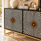 Shan-e-Rajputana Black Bone Inlay Cabinet – 4 Door Sideboard with Powder-Coated Stand