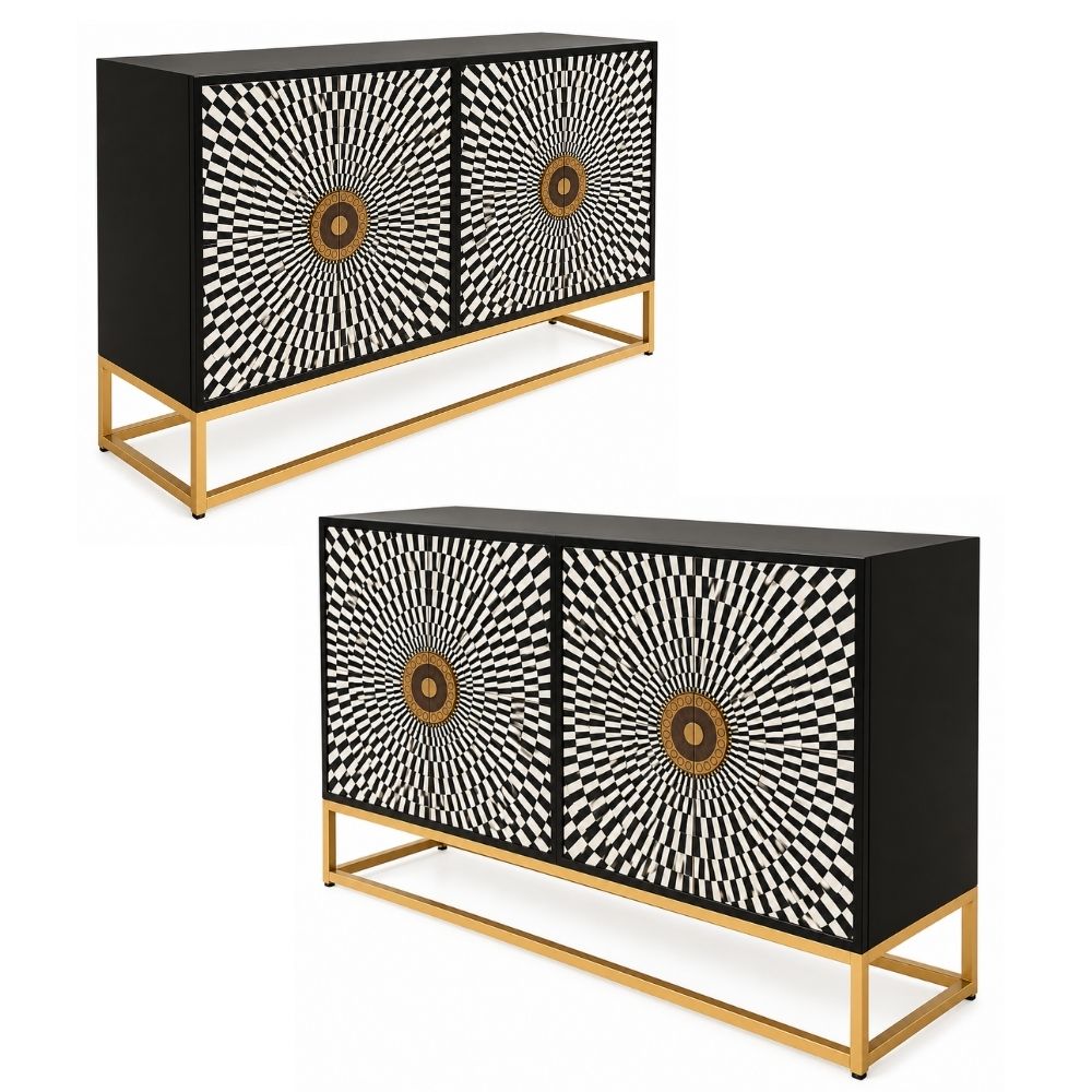 Shan-e-Rajputana Black Bone Inlay Cabinet – 4 Door Sideboard with Powder-Coated Stand