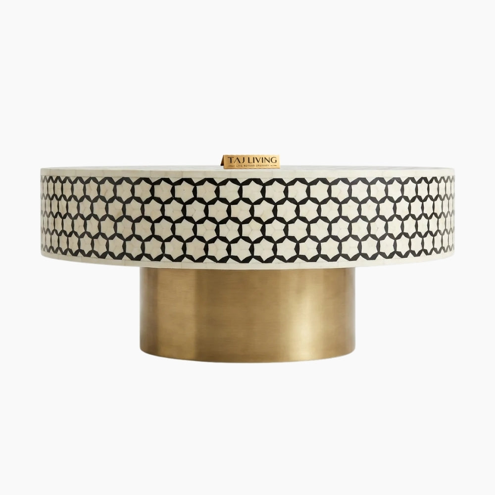 Black Bone Inlay Targua Round Coffee Table with Brass Base | Handmade Luxury Coffee Table