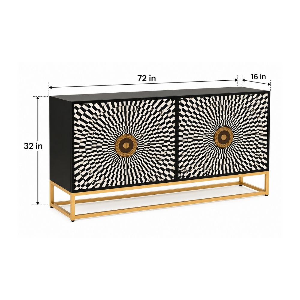 Shan-e-Rajputana Black Bone Inlay Cabinet – 4 Door Sideboard with Powder-Coated Stand