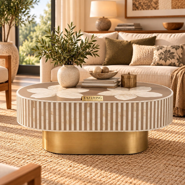Luxury Bone Inlay Oval Coffee Table with Brass Base – Brown Floral Design Handmade Center Table Hover Image